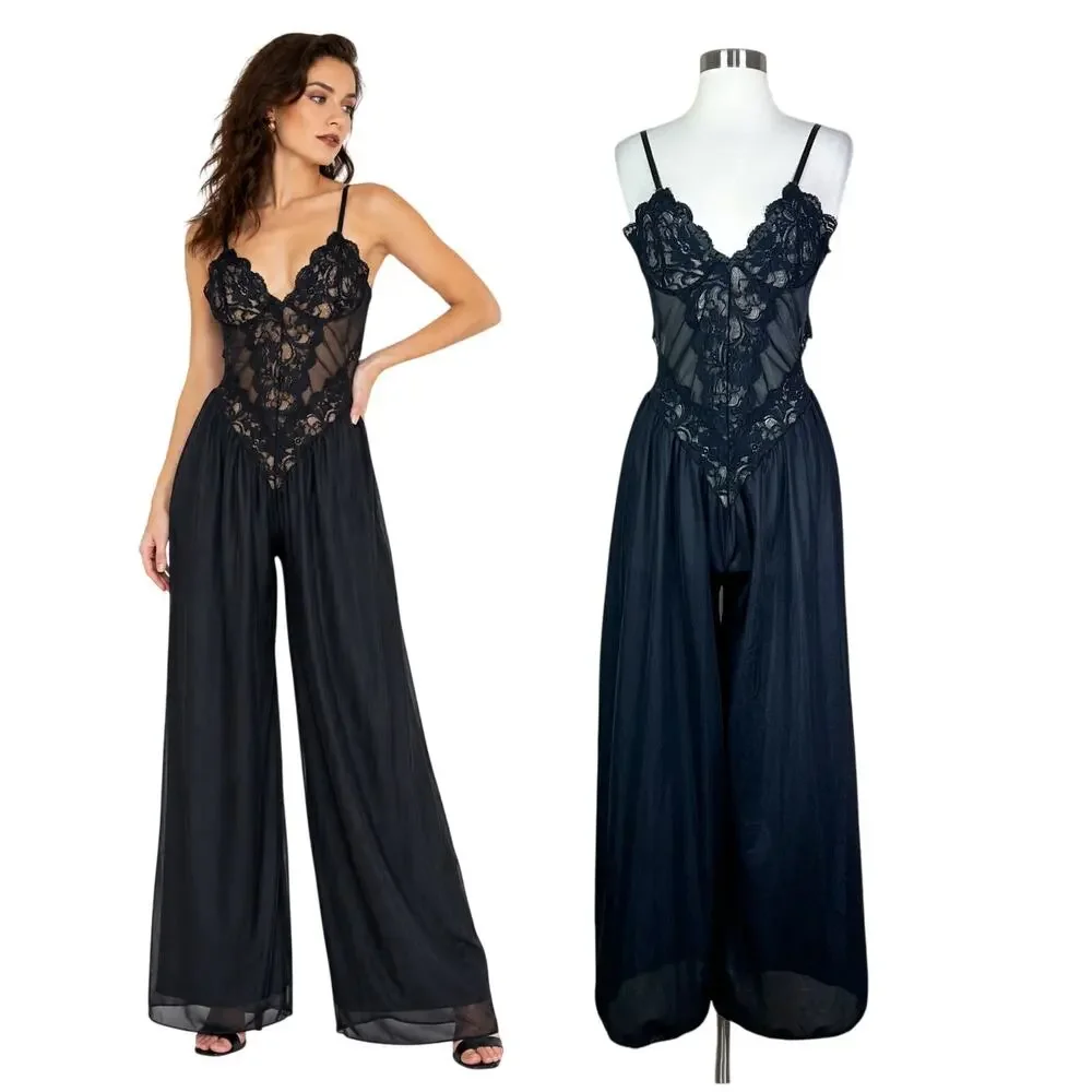 Vintage 80s Andrea Kristoff Escante Black Lace Sheer Wide Leg Lingerie Jumpsuit